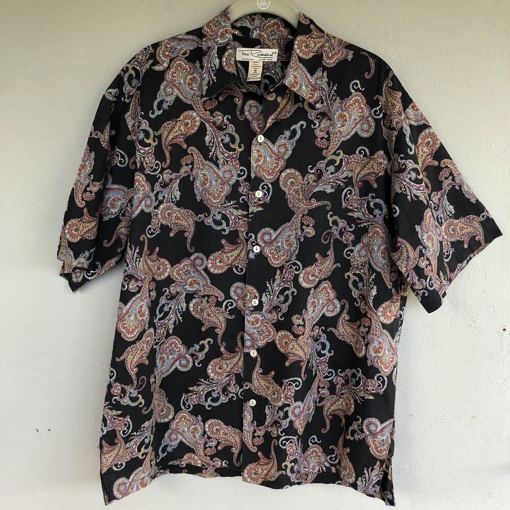 VTG Tori Richard Shirt Mens M Black Paisley Button Up Cotton Lawn Hawaiian USA